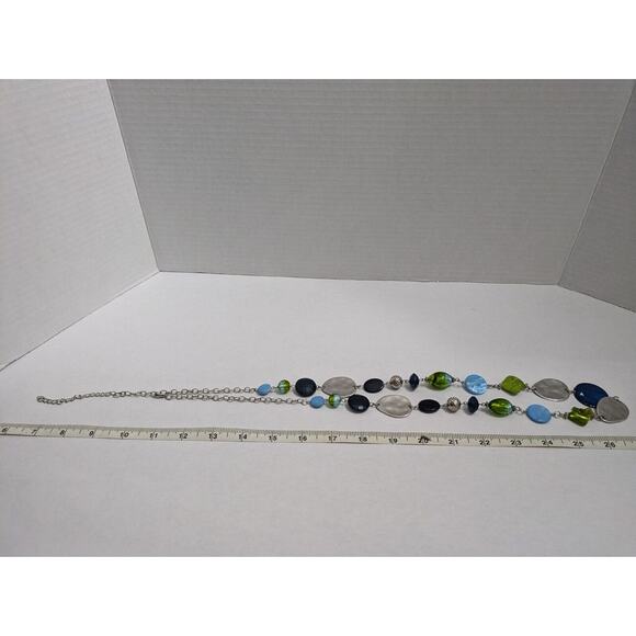 Beaded Necklace flat Oval Disk Boho Ethnic Gemstone Rock Silver Chain VTG Style - Picture 5 of 6